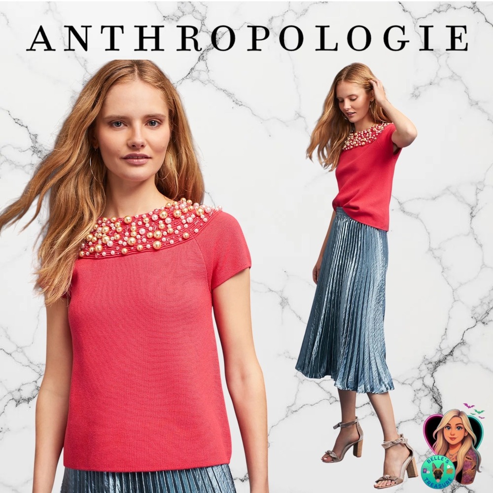 Anthropologie Moth Brienne Pearl Top Knit Coral Pink Short Sleeve Women's Large